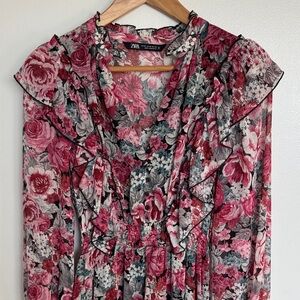 Zara floral ruffle maxi dress.